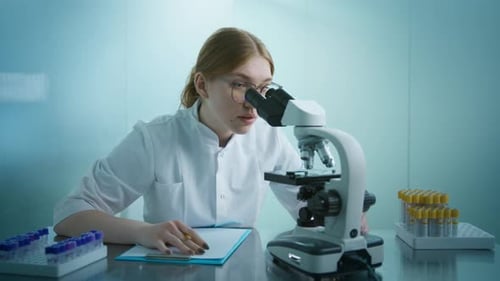 Young Woman Using Microscope in Medical Lab
