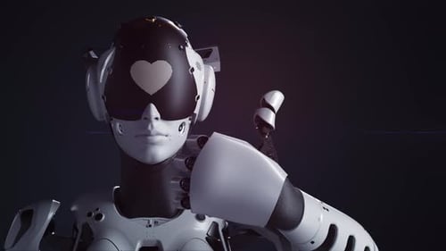 um robô feminino faz um gesto de polegar para cima