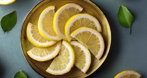 Vibrant Lemon Slices on Golden Plate Overhead Shot