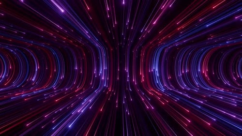Abstract Futuristic Neon Light Trails in a Digital Tunnel Background in Seamless Loop.