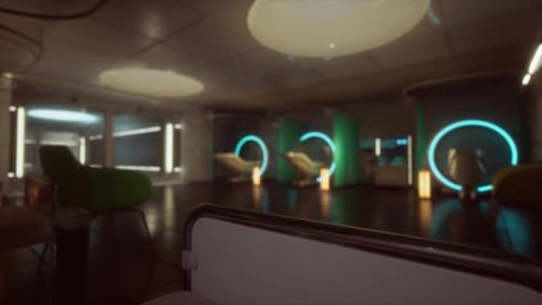 Futuristic Corporate Lounge Interior with Neon Lighting