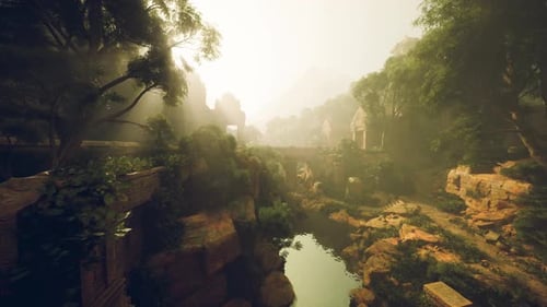 Golden Light Illuminates Lush Canyon and Mosscovered Terraces