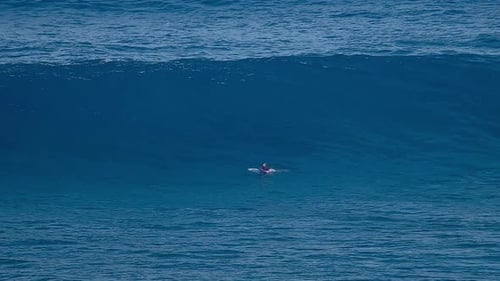Surfer rides big ocean wave at Jaws