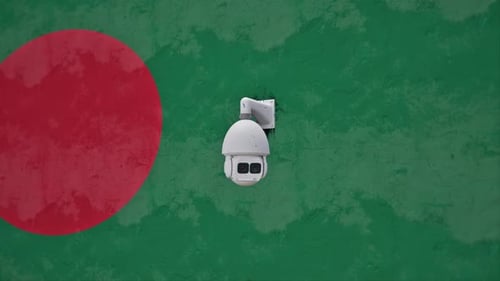 CCTV Surveillance Camera Rotating on Textured Bangladesh Flag Background