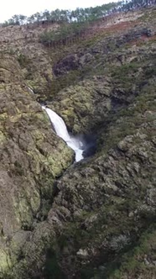 Aerial View of River Waterfall in the Mountains Aerial View
