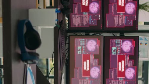 Vertical Video Empty Office with Computer Monitors Displaying System Error and Hacking Attack