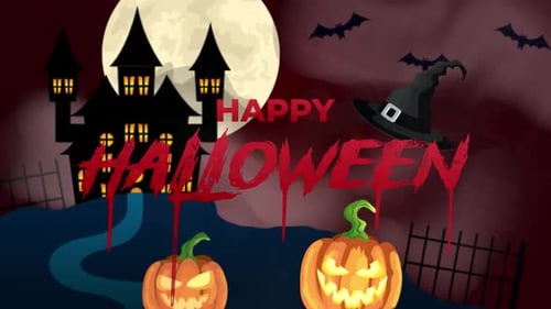 Spooky Halloween Text Reveal with Haunted House and Pumpkins