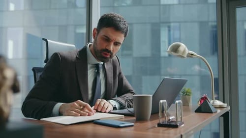 Corporate Employee Talking Webinar Sitting Office Desk Making Notes Close Up