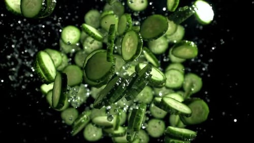Fresh Cucumber Slices Floating in the Dark