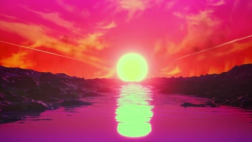 Animation rétro des années 1980 avec rochers, rivière, soleil et rose cyberpunk