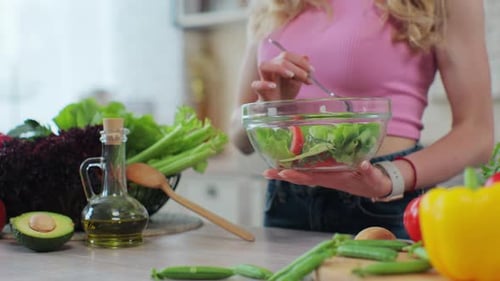 Close Up of Woman Eating Tasty Organic Salad Healthy Lifestyle Weight Control Beauty Organic Salad