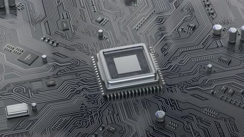 Digital Circuit Board with Glowing CPU Processor Zoom Animation