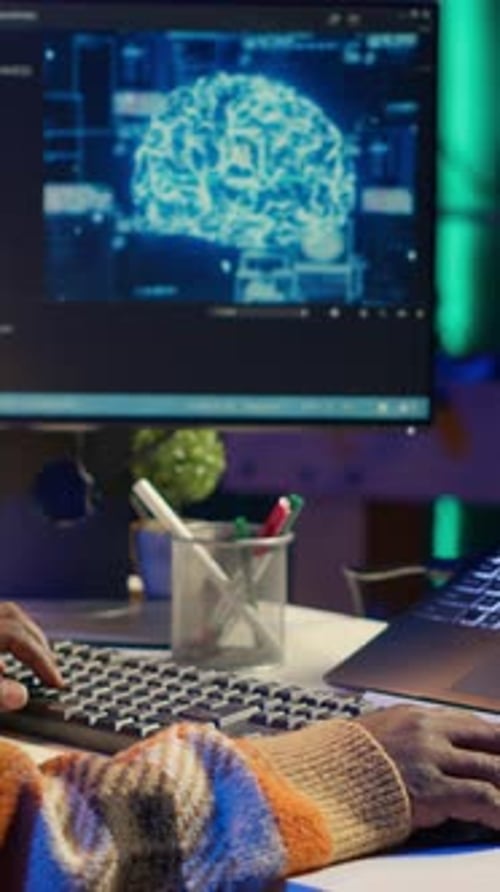 Vertical Video Black Man Programmer Manages Code and Scripts in Artificial Intelligence