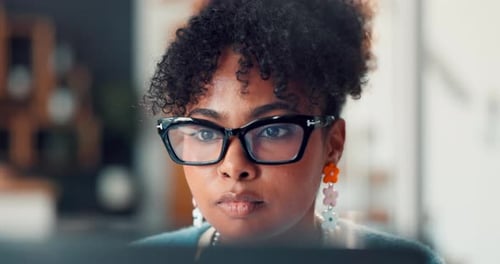 Glasses, laptop and businesswoman in office with research for creative project with online email