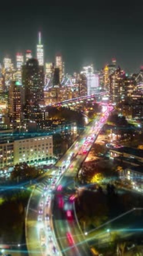 Aerial Panoramic Hyper Lapse Footage of Night Metropolis Heavy Traffic on Multilane Expressway