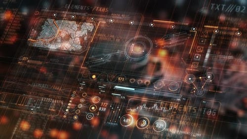 Pantalla frontal futurista que muestra el análisis de datos y el seguimiento de la ubicación