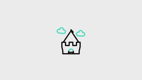 Animated Flat Design Castle Icon with Clouds Line Drawing