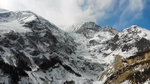 Aerial drone shot of the Glacier between Annapurna and Gangapurna Mountains in Manang valley, Nepal.