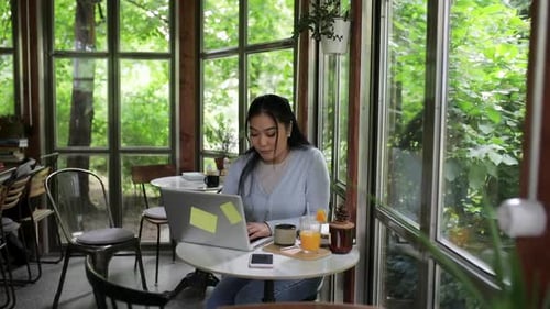 Young Asian woman working in coffee shop using laptop.