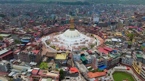 Boudhanath Stupa Beacon Of Buddhists In Kathmandu, Nepal, South Asia. Aerial Shot