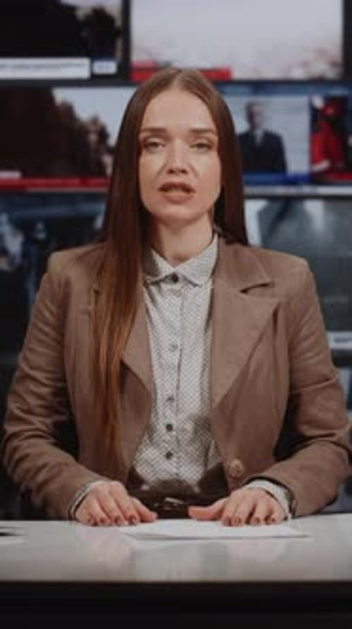Woman News Anchor Delivers Urgent Broadcast From Studio With Video Wall Displaying Global Events