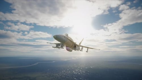 Fighter Jet Flying in a Blue Cloudy Sky