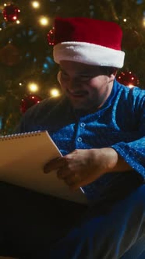 Man With Blue Pajamas Enjoys Advent Calendar Near Christmas Tree At Night