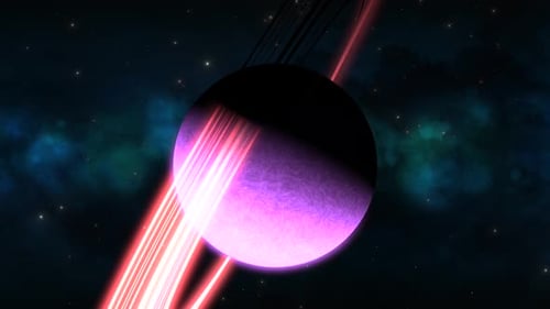 CGI-Zoom in Richtung eines violetten, seitwärts gerichteten, saturnähnlichen Planeten mit neonroten Ringen vor blauem Gr