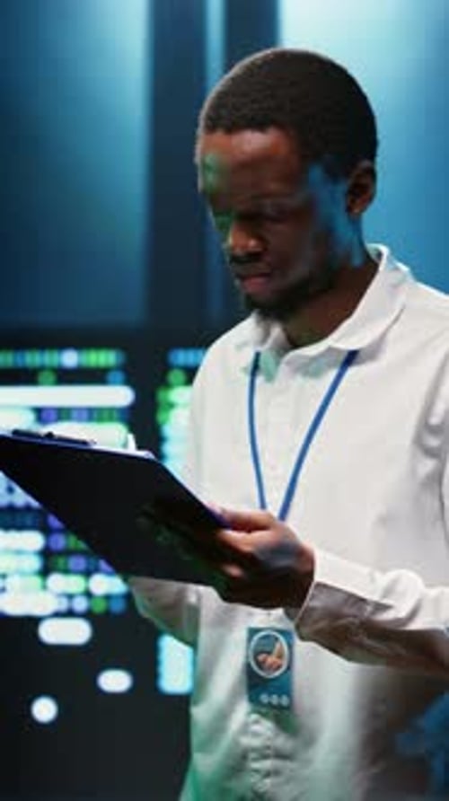 Vertikaler Videosystemadministrator analysiert Servercluster