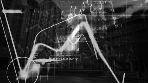 Stock market and financial data processing over grid network against cityscape in background