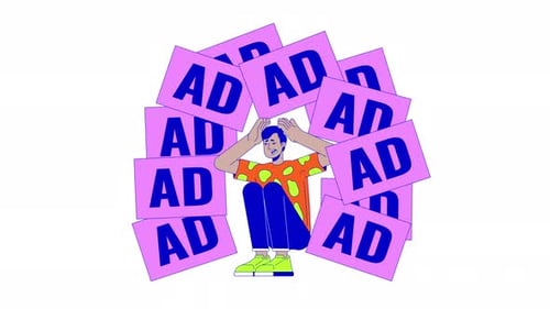 Person Overwhelmed by Falling Ad Signs Flat Design