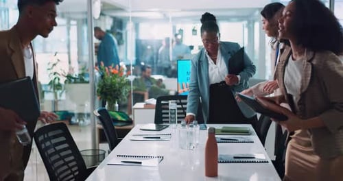 Ready, start or business people in meeting with paperwork, sales report or colleagues in workplace