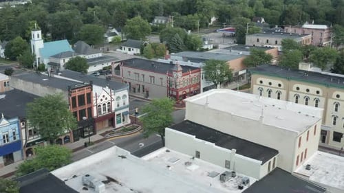 Greenville, Michigan skyline with drone video pulling out at an angle.
