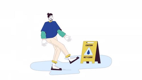 European Man Falling Down on Wet Floor Line Cartoon Animation