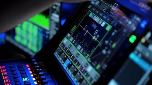 Audio Engineer Music Creator Musician Artist Works in Music Record Studio Uses Surface Control Desk