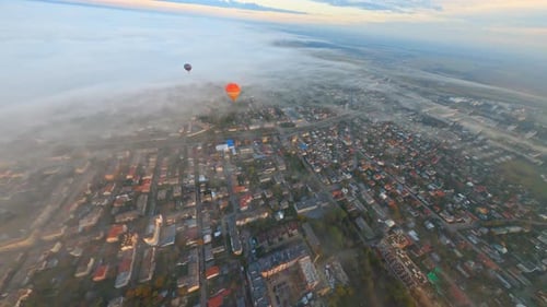 Hot Air Balloon Travel FPV Flight Above Beautiful Big City Panoramic Landscape Colorful Tourist