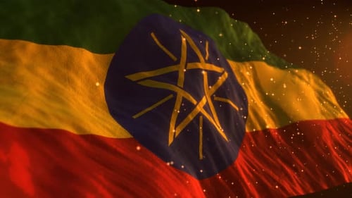 Realistic Ethiopian Flag Waving with Glittering Light Particles