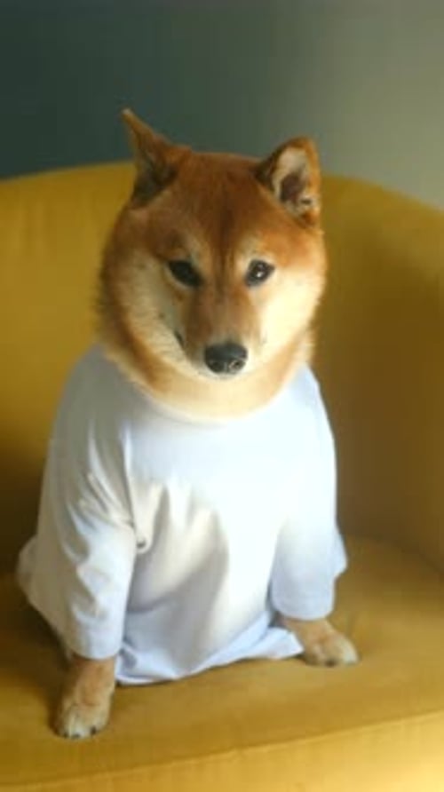 Shiba Inu se détend dans un fauteuil jaune vif vêtu d'un t-shirt en coton blanc en se prélassant dans un matin doré