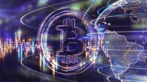 Futuristic Bitcoin Digital Cryptocurrency with Global Network Data Display