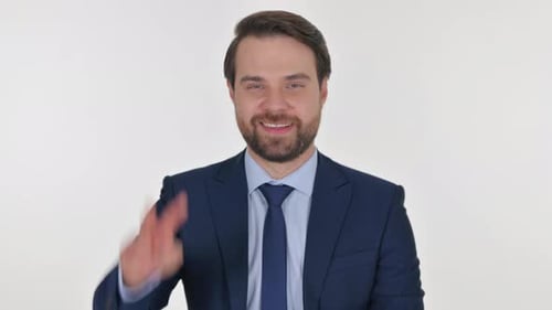 Middle Aged Businessman with Victory Sign on White Background