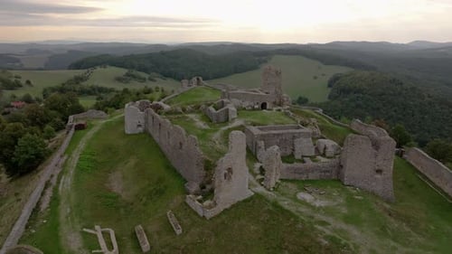 Aerial view of historic ruins on a hilltop, Slovakia.