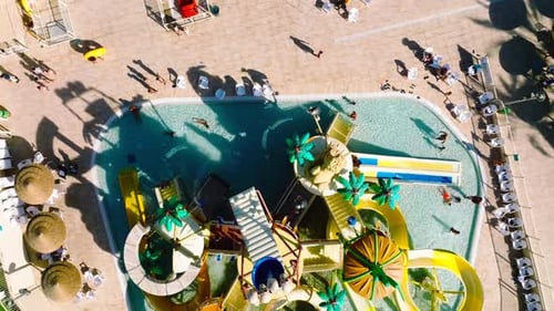 Aerial video over Eilot, the Yo Splash water park, residences and slides, a place of recreation