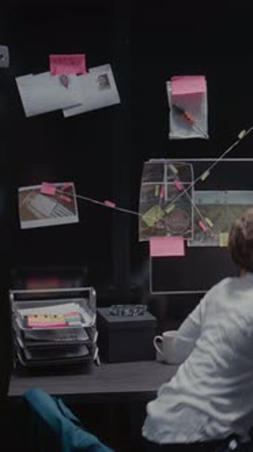 Woman Working at Desk with Evidence on Bulletin Board