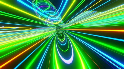 Tunnel mit farbigem Wellenverkehr, Neonlinien, hohe Geschwindigkeit. Vj Loop-Hintergrund. Visuelle VFX-Aktion