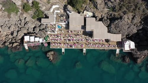 Aerial video of a resort area for people who bathe in the sea in Antalya
