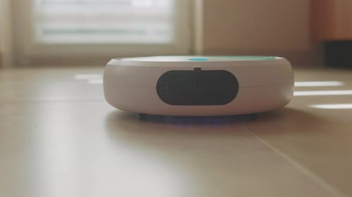 New York USA March 19 2020 Closeup Modern White Vacuum Clean Floor Machine Doing Automated Cleaning