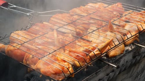 Delicious Chicken Frying on Barbecue Grill Grate Outdoor Seasoning Falling on Fresh Grilled Chicken
