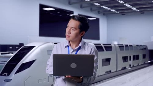 Man Holding Laptop Inspecting Futuristic Train Model