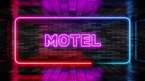 Neon sign motel in speech bubble frame on brick wall background 3d render. Light banner