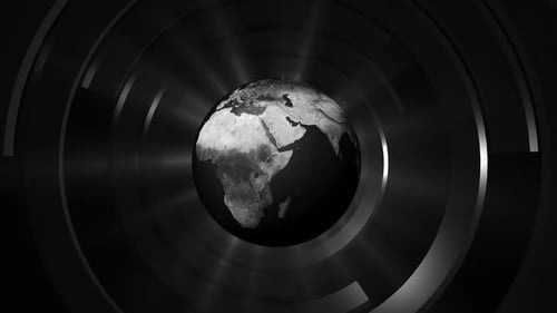 Futuristic Rotating Earth Globe with Metallic Rings Loop